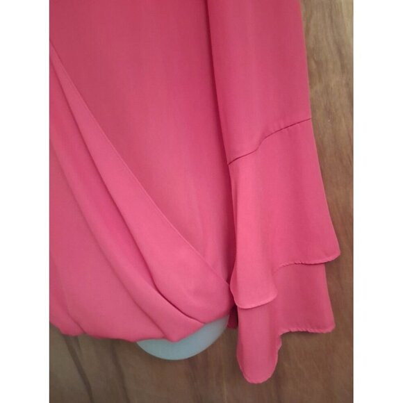 Michael Kors Women Blouse L Faux Wrap Ruffle Bell Sleeve Red Flowy Chiffon - Picture 4 of 6